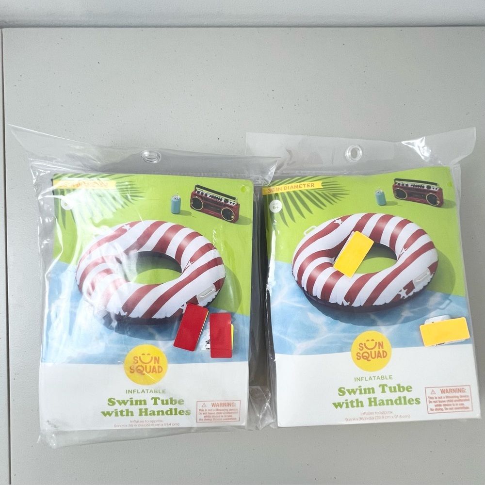 Lot Of 2 New Sun Squad Inflatable 36” Swim Tube With Handles Red Stripes Stars